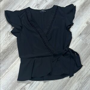Milk & Honey Women’s Black Ruffled Faux Wrap Flutter Sleeve Blouse / Size Small